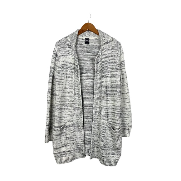 Gap Open Front Knit Cardigan Sweater Notch Neck Collar Pockets Large White Black - Picture 10 of 10